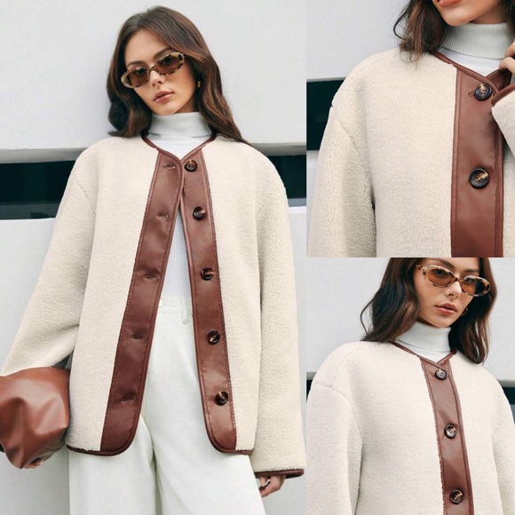 Jackets & Blazers - Contrast ivory & brown button front teddy faux Sherpa overcoat jacket cardigan